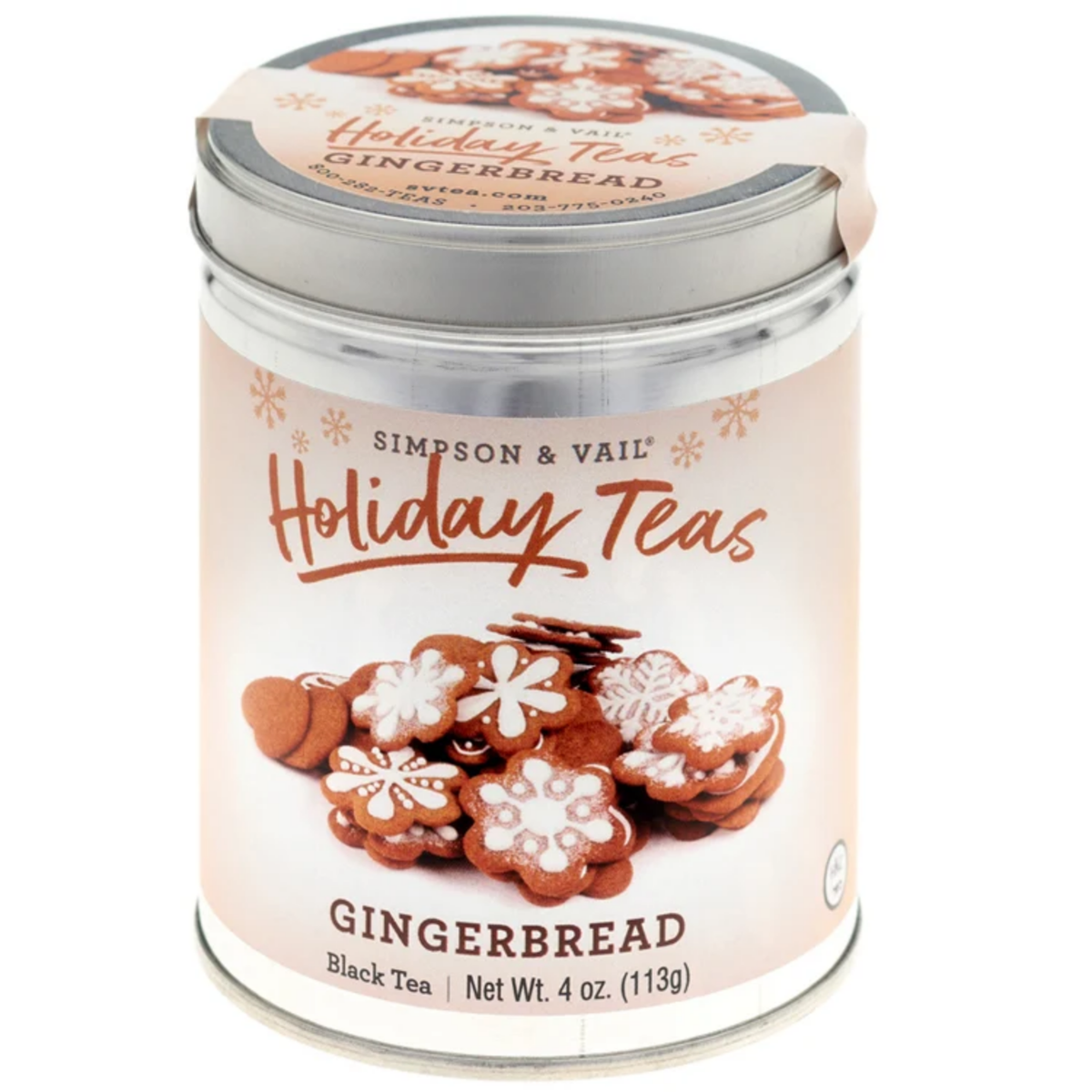 Simpson & Vail Gingerbread black tea, 4 oz silver tin with gingerbread cookies pictured on the holiday label.