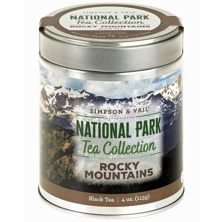 A cylindrical metal tin of Simpson & Vail National Park Tea Collection Rocky Mountains black tea, featuring a scenic mountain label on a white background.
