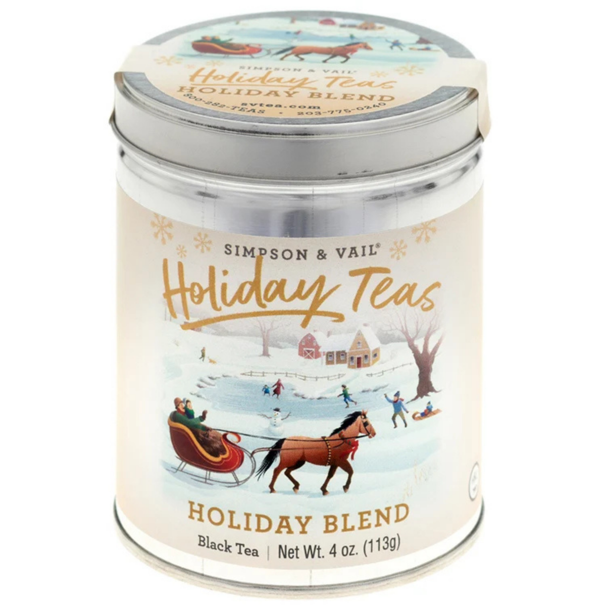 Simpson & Vail Holiday Blend black tea, 4 oz silver tin with a winter scene featuring a horse-drawn sleigh.