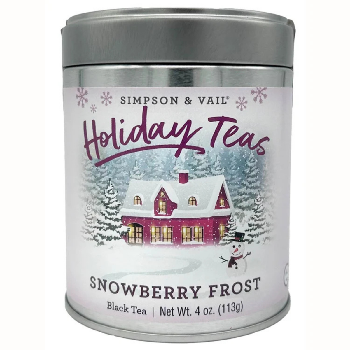 Simpson & Vail Snowberry Frost black tea, 4 oz silver tin featuring a snowy house, evergreen trees, and a snowman.