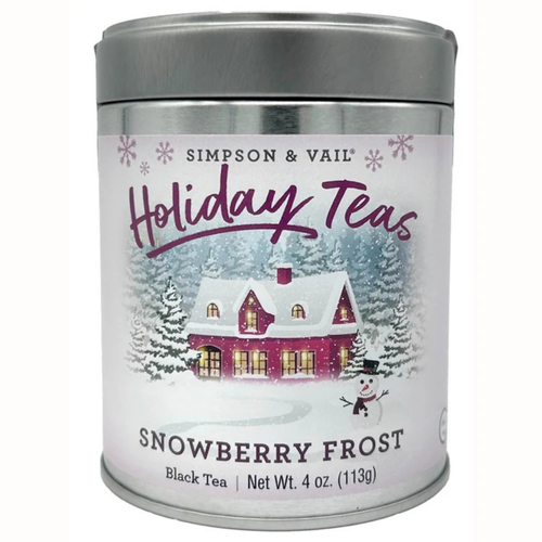 Simpson & Vail Snowberry Frost black tea, 4 oz silver tin featuring a snowy house, evergreen trees, and a snowman.