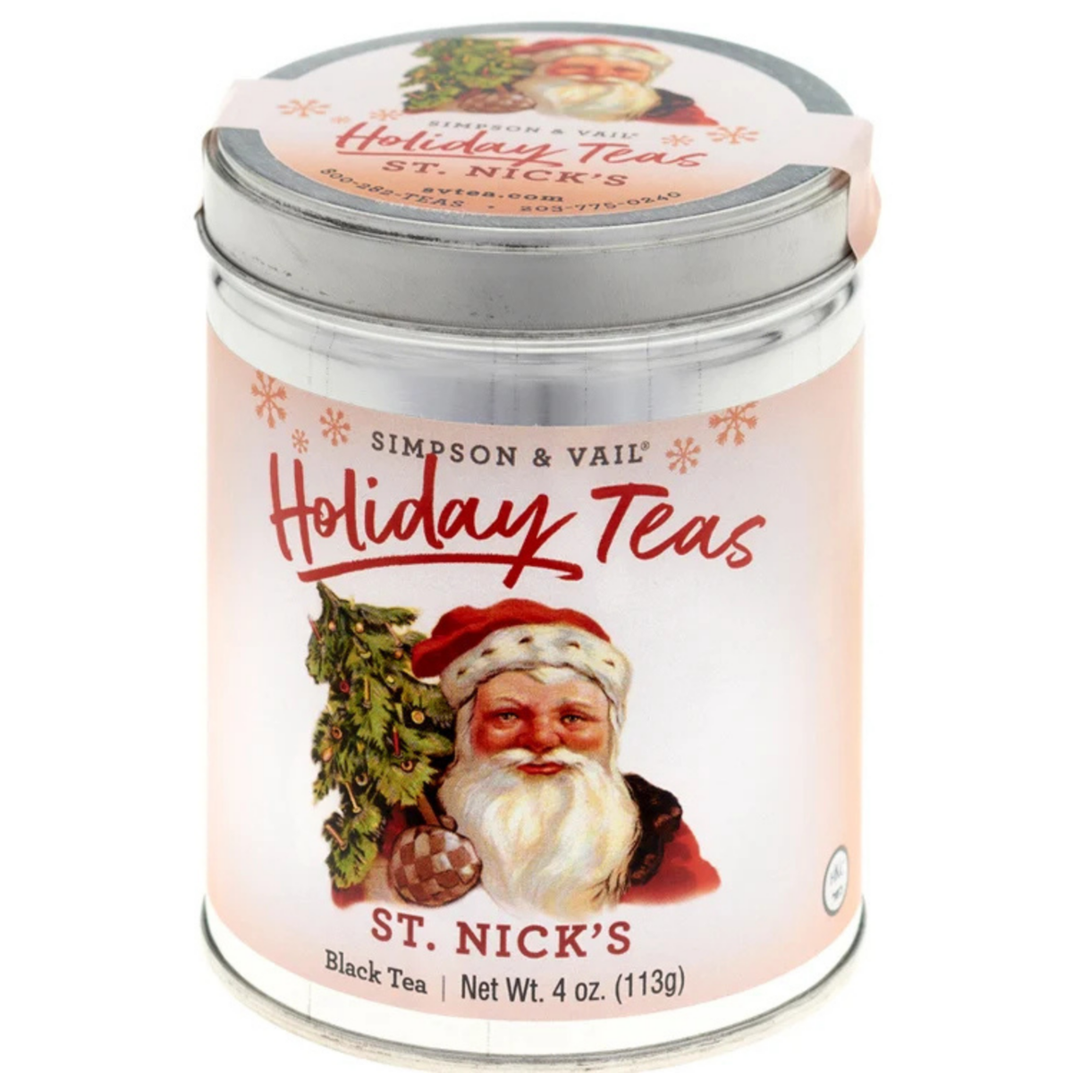 Simpson & Vail St. Nick’s black tea, 4 oz silver holiday tin with a traditional Santa Claus illustration.