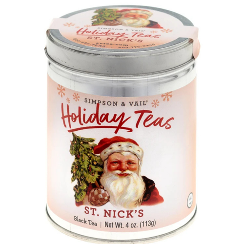 Simpson & Vail St. Nick’s black tea, 4 oz silver holiday tin with a traditional Santa Claus illustration.