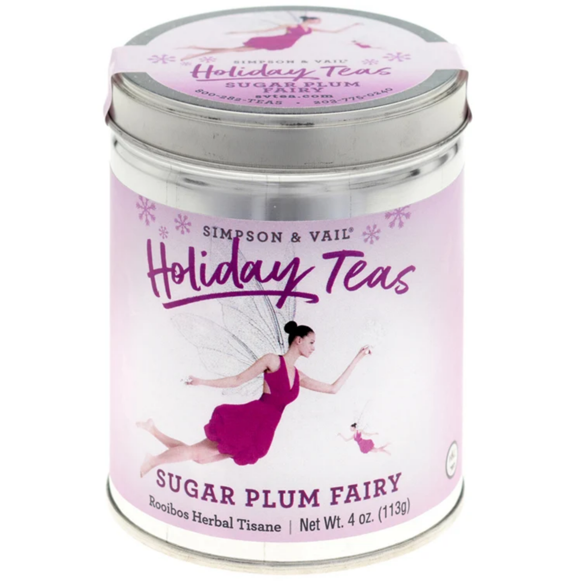 Simpson & Vail Sugar Plum Fairy rooibos herbal tisane, 4 oz silver tin with a pink label and fairy illustration.