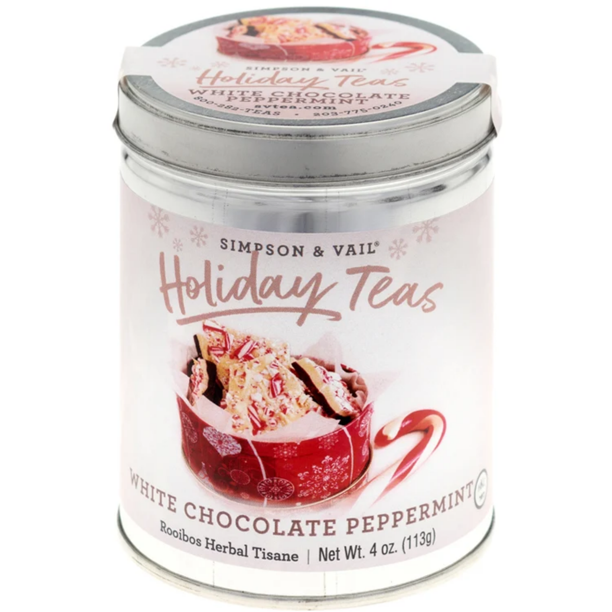 Simpson & Vail White Chocolate Peppermint rooibos herbal tisane, 4 oz tin showing peppermint bark and a candy cane.